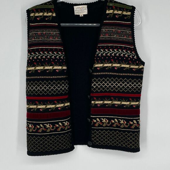 Vintage 80s SUSAN BRISTOL Sweater Vest Women's Small Black Red Floral Wool 90s - Picture 11 of 12